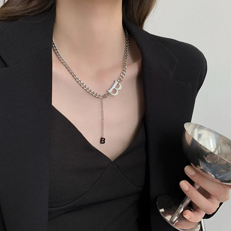 Fashion exaggeration B letter stainless steel necklace for women Gothic jewelry for hip hop girls collarbone chain