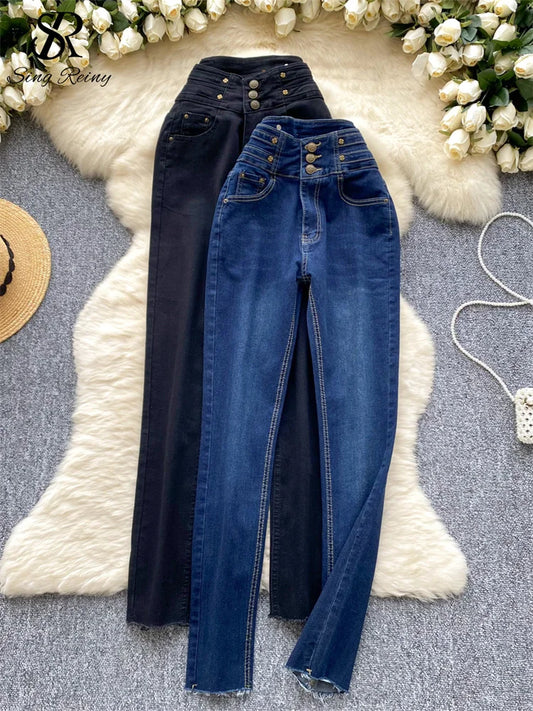 SINGREINY Autumn Skinny Denim Trousers Women High Waist Zipper Pockets Design Pants Korean Fashion Streetwear Basic Pencil Jeans