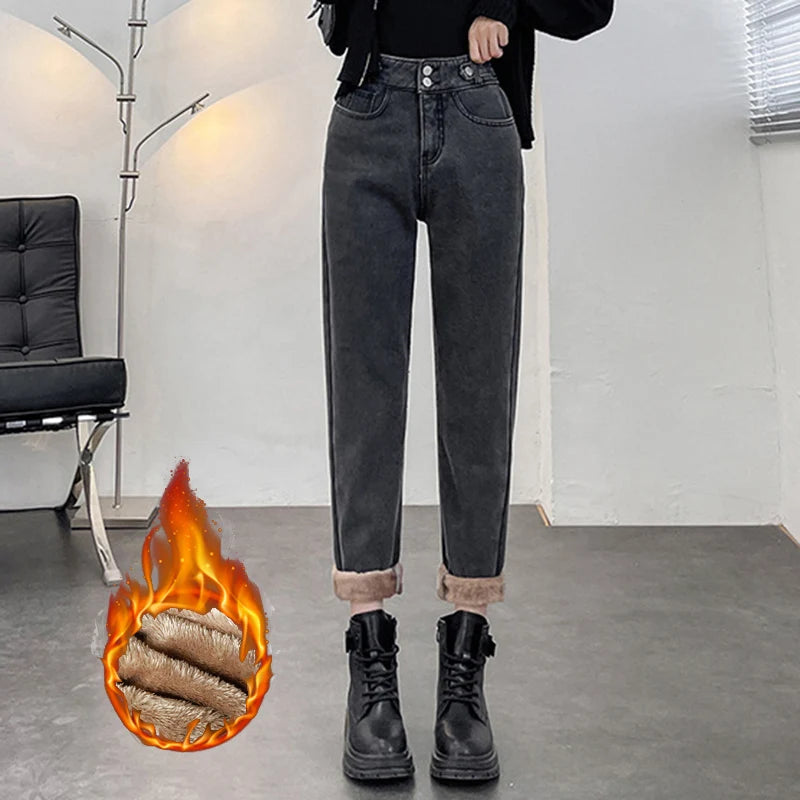 Winter Women's Warm Fleece Jeans High Waist Thick Straight Denim Harem Pants Plus Size Loose Trousers Lady High Waisted Jeans