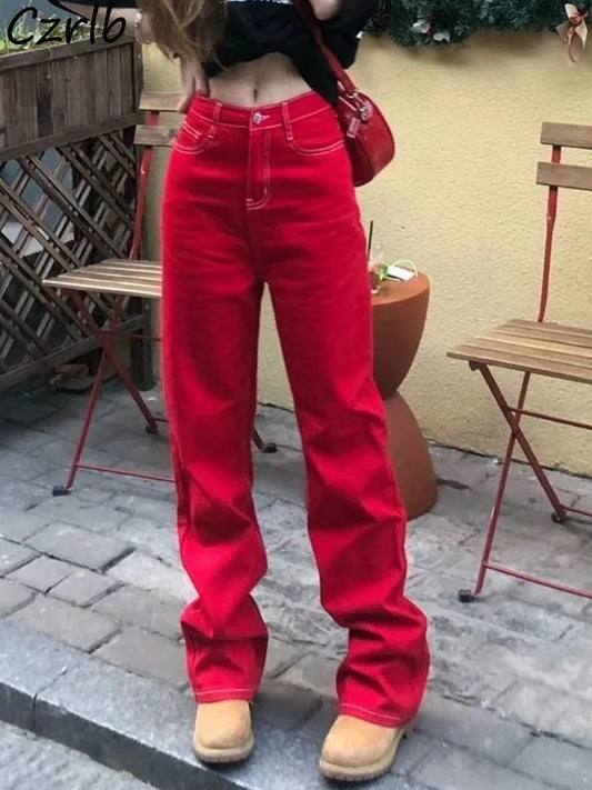 Red Jeans Women High Waist Retro American Style Female Spring Autumn Baggy Street Wear New Stylish Mopping Trousers Chic Girls