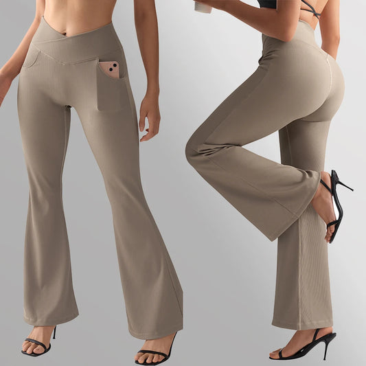 Women's Flared Pants with Pockets Flared Leg Yoga Pants Fitness Casual Tummy Control V Waist  Long Pants Yoga Leggings Women
