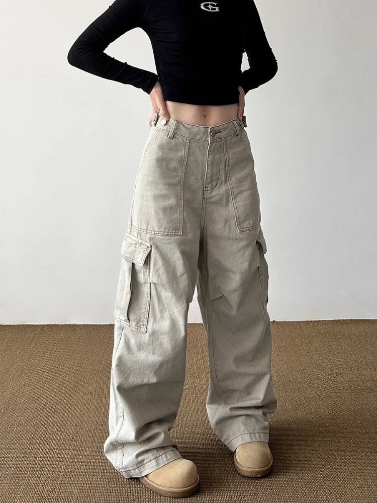 2024 Ropa Mujer Y2K Fashion Light Khaki Baggy Cargo Jeans Pants For Women Clothes Wide Leg Casual Lady Trousers Pantalon Femme