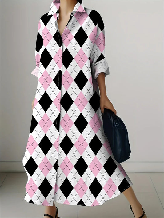 2024 New Fashion Dresses Autumn New Long Sleeve Lapel Shirt Dress Patchwork Printing Elegant Loose Commuter Women's Dresses