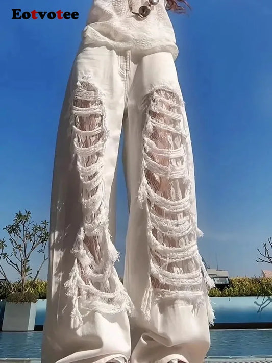 EOTVOTEE American style Vintage lace Distressed Jeans for Women Y2K Fashion High Waist Loose Wide leg pant 2025 New Casual Jeans
