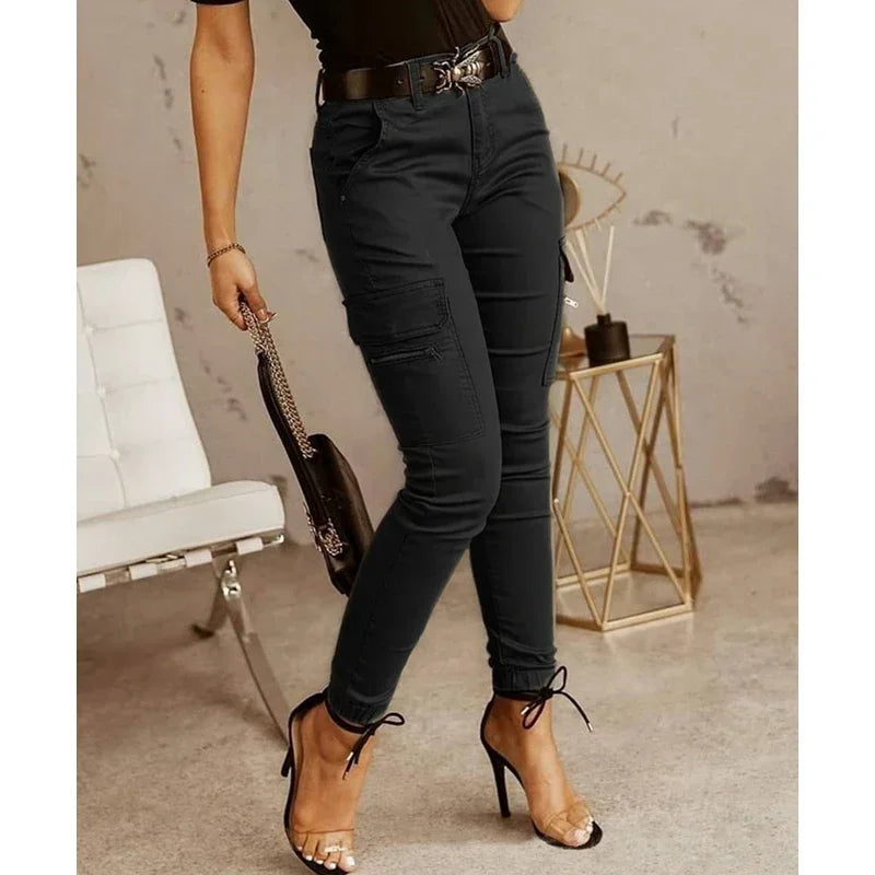 Pockets Small Feet Slim Fit Trousers Women Streetwear Cargo Pants Women Low Waist Button Solid Color
