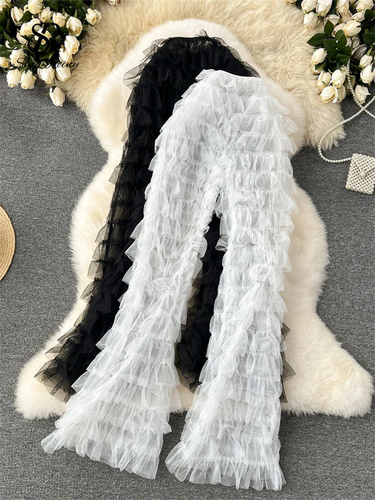 SINGREINY Fashion Mesh Long Pants Women Tierred High Waist American Fashion Streetwear 2024 Y2k Vintage Sheer Flare Trousers