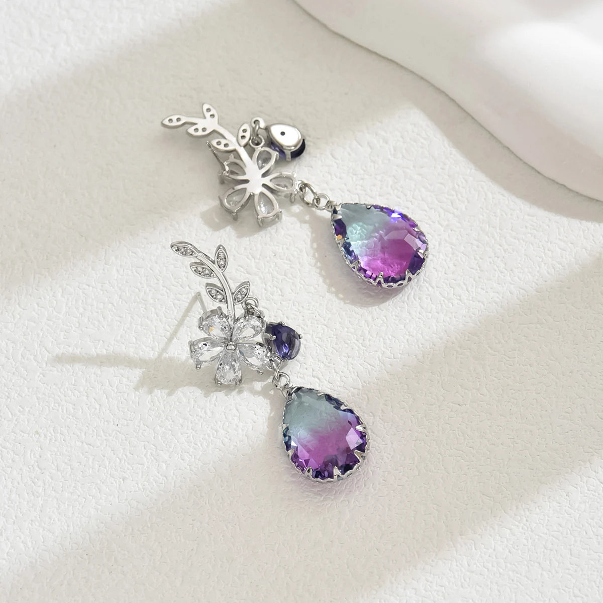 Elegant Flower Water Drop Purple Crystal Zircon Dangle Stud Earrings For Women Fashion Temperament Earrings Luxury Jewelry
