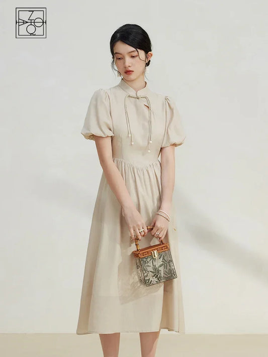 ZIQIAO New Chinese Style Elegant Dress for Women 2023 Summer Newly Special Sense Waistline Thin Mid-length A-Line Dress Female