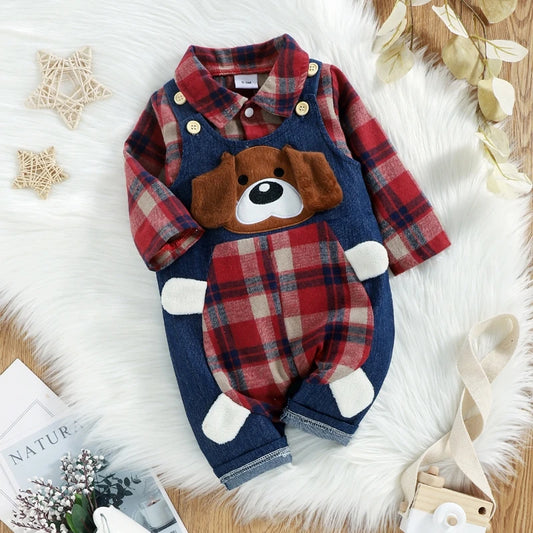 0-18M Baby Boys Spring Fall Clothes Set Newborn Infant Long Sleeve Plaid Shirt Romper + Animal Dog Denim Suspender Pant Overalls