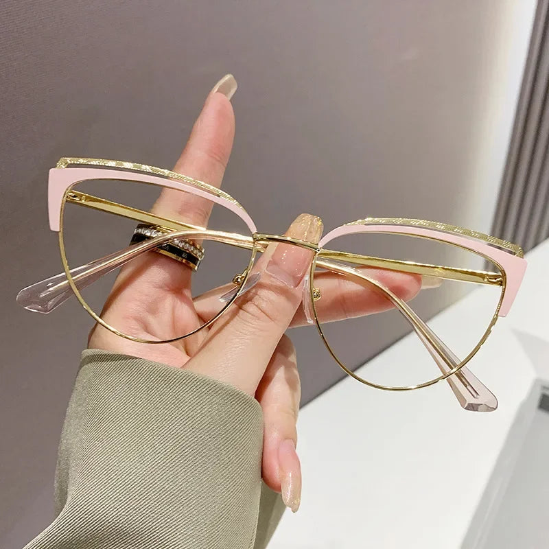 Fashionable New Cat-eye Plain Glasses Frame Women's Metal Hollowed Out Optical Spectacle Eyeglass Anti-blue Light Glasses