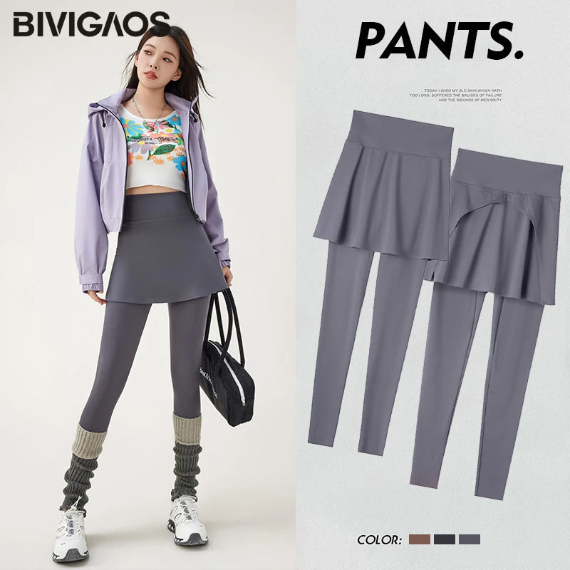 BIVIGAOS 2024 Spring Summer New Sports Yoga Leggings Culottes Women Fake Two-Piece Pants Skirt High Waist Shark Leggings