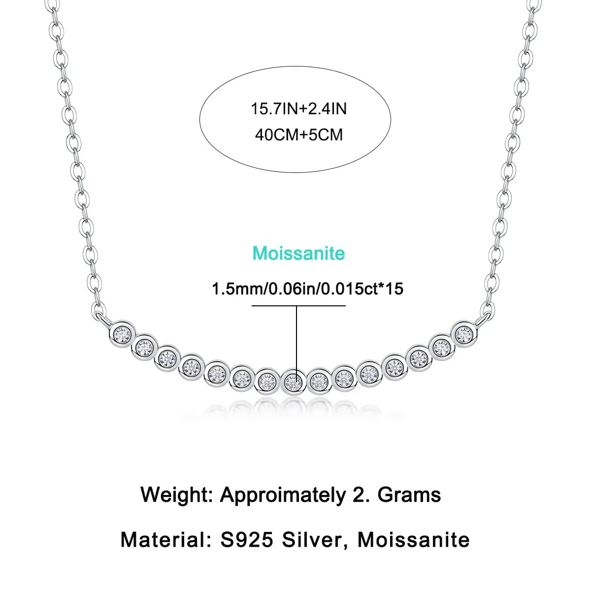 Full Moissanite Necklace Smile Pendant 925 Sterling Silver Chain 1.5mm Lab Diamond Necklace for Women Sparkling Choker Jewelry