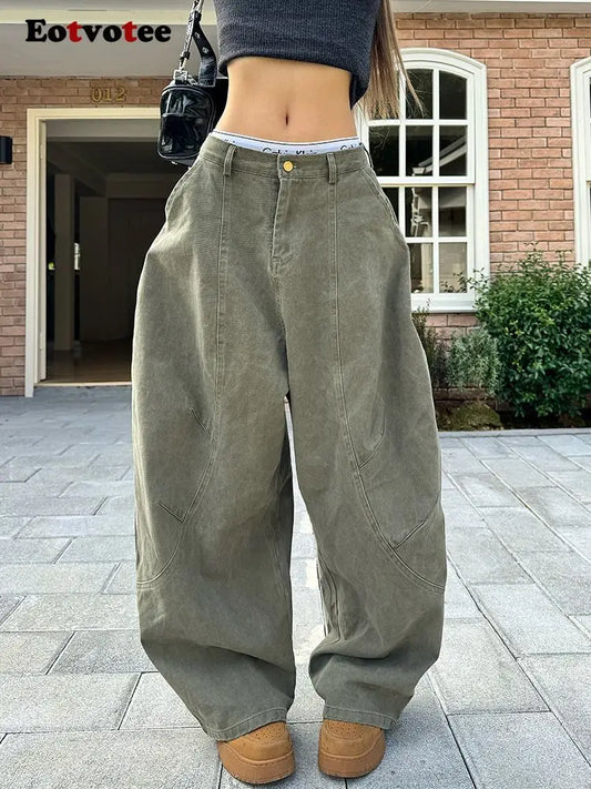 EOTVOTEE American Style Vintage Washed Jeans for Women Y2k Fashion High Waist Wide Leg Cargo Pants 2025 New Casual Cargo Jeans