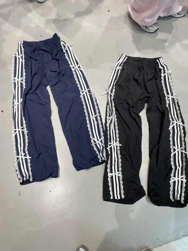 College Fashion Trousers Elastic Waist Lace White Strip Butterfly Foot Sweatpants Sports Pants Women Sweet Girls Loose Casual