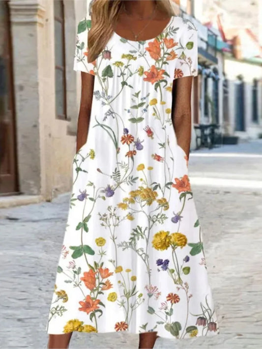 Rochie lungă florală vintage pentru femei, stil boho, de vară, cu guler O, casual, cu mânecă scurtă, pentru plajă, petrecere, rochie Maxi
