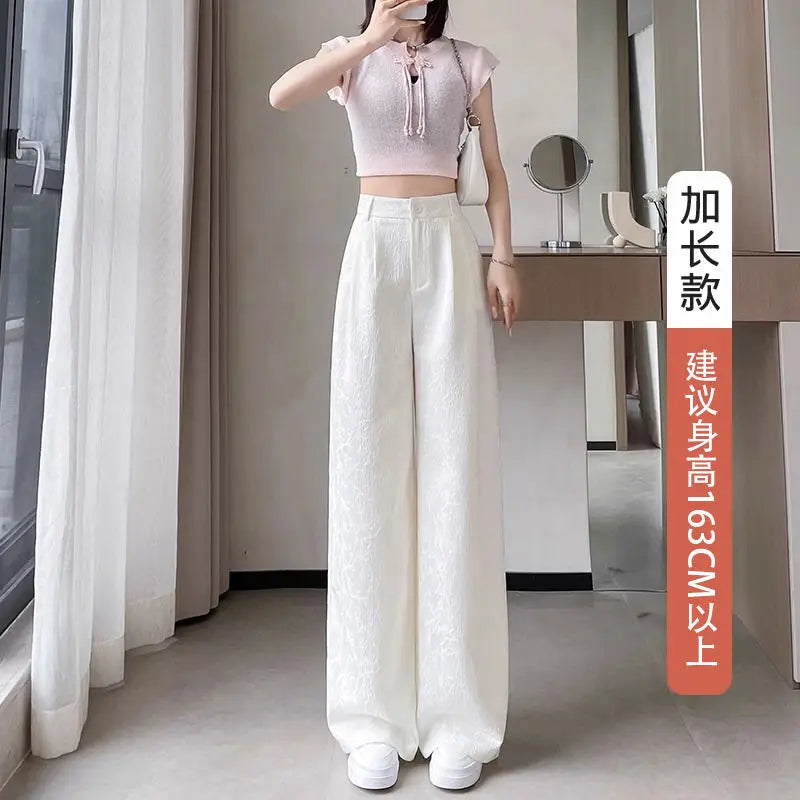New Chinese Style White Satin Suit Wide-leg Pants  Women's Season Thin Narrow Version Straight Wide-leg Pants
