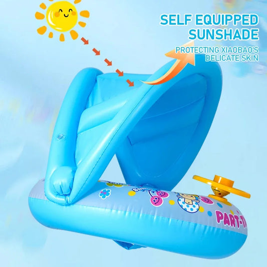 Water Floating Swimming Ring with Steering Wheel Summer Outdoor Sunshade Inflatable Toys Seat Pool Beach Water Toys for Kids