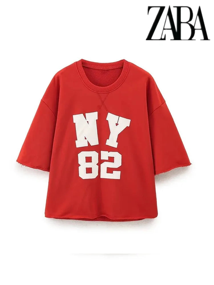 TRAFZA Women's Loose Letter Round Neck Pullover Half Sleeve Sweatshirt Lace Up Placket Shorts Casual Sporty Red Blend Knit Suit