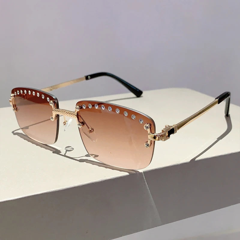 KAMMPT Rimless Sunglasses with Rhinestones 2024 New Fashion Gradient Ocean Lenses Eyewear Trendy Vintage Luxury Rectangle Shades
