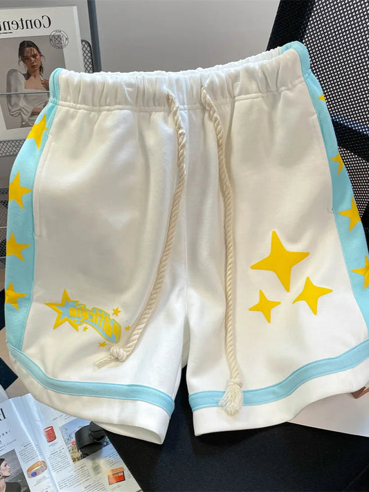 Hikigawa Chic Fashion Women High Street Contrast Color Stars Print Shorts Summer Casual Sporty Style Drawstring Cargo Pant Mujer