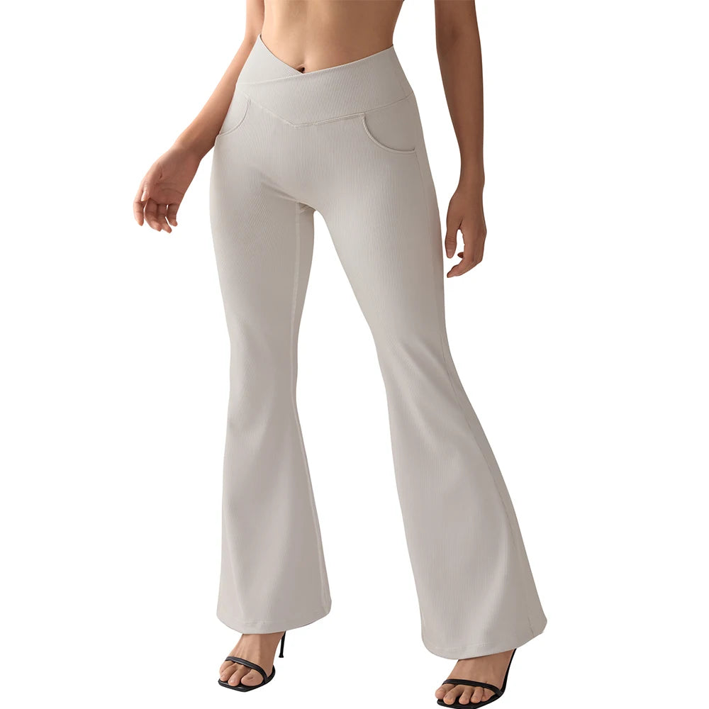 Women's Flared Pants with Pockets Flared Leg Yoga Pants Fitness Casual Tummy Control V Waist  Long Pants Yoga Leggings Women