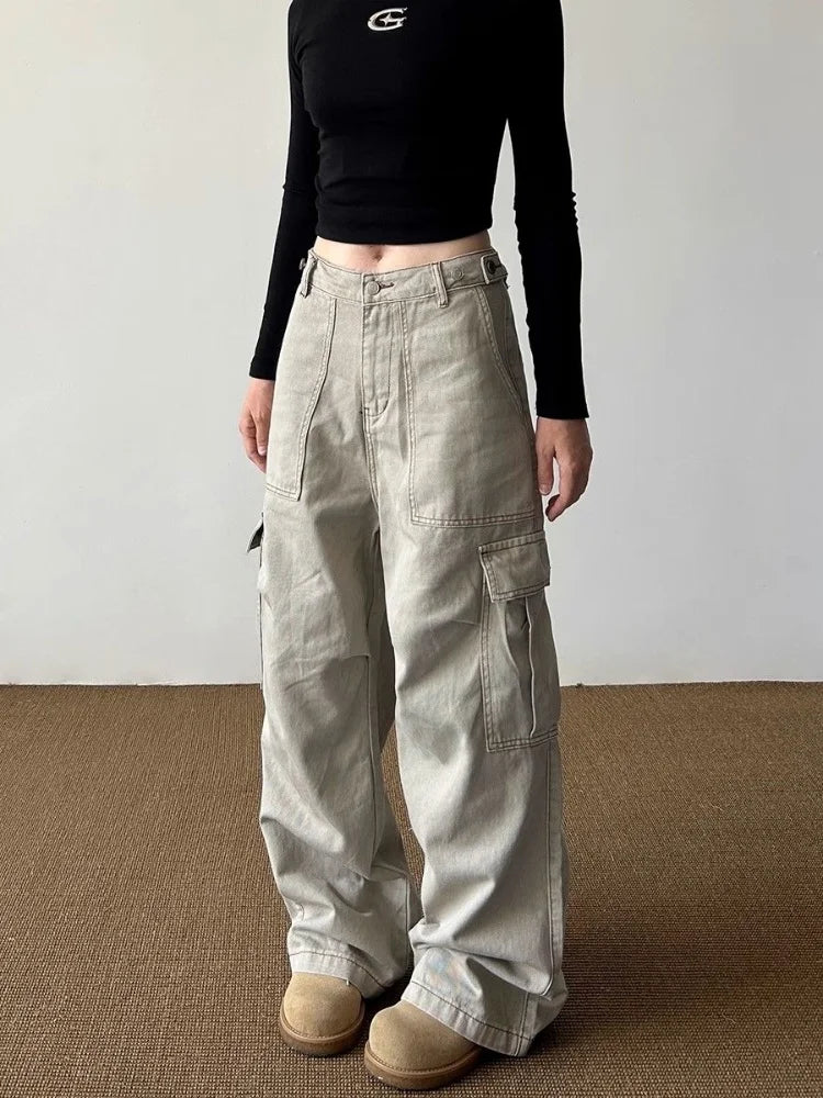 2024 Ropa Mujer Y2K Fashion Light Khaki Baggy Cargo Jeans Pants For Women Clothes Wide Leg Casual Lady Trousers Pantalon Femme