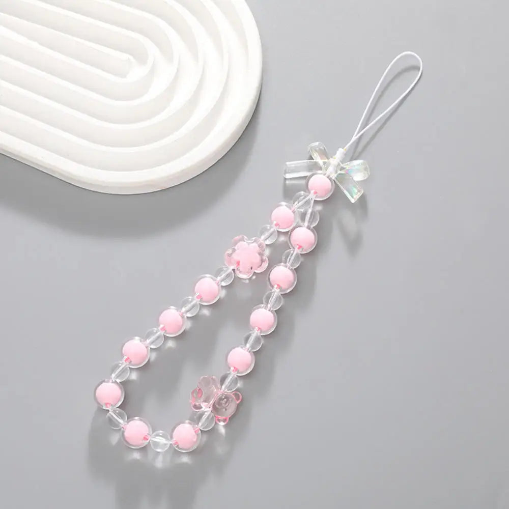 Bowknot Beaded Mobile Phone Chain Charm Acrylic Heart Beaded Pendant Phone Hanging Lanyard Strap Women Girls Sweet Accessories