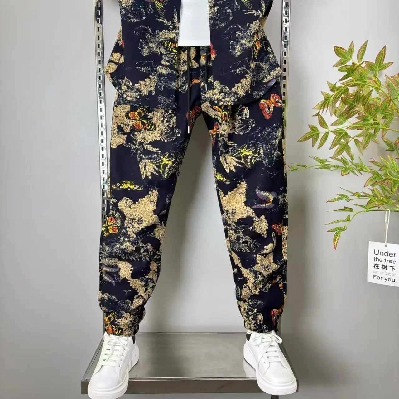 (Shirt + trousers) Summer short sleeve Mens Sets shirt print pattern men's casual elastic waist shirts men Two-piece Suit