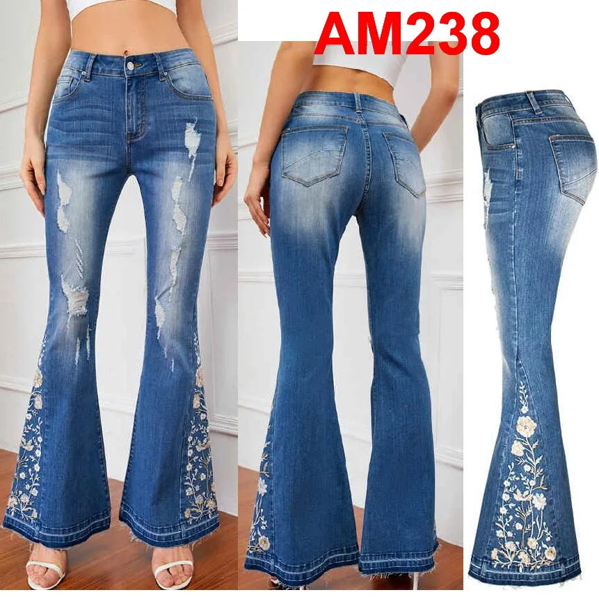 Women's Jeans Embroidered Flower Flared Denim Pants Multiple Styles Flared Jeans For Choose