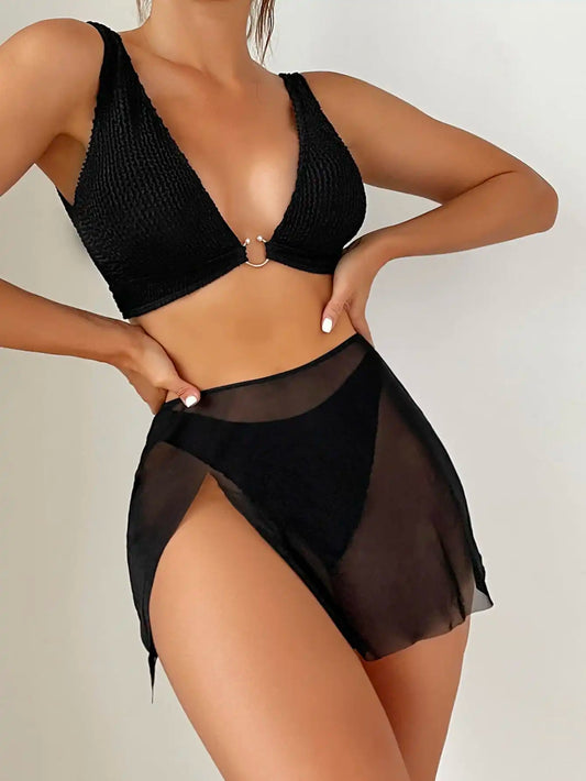 3 Pieces U-ring High Cut Bikini Swimsuit & Split Thigh Beach Skirt Swimwear Women 2025 Bathers Bathing Swimming Suit Female