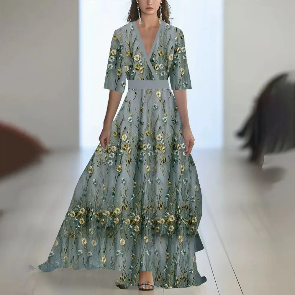 Rochie de vară elegantă cu mânecă lungă și imprimeu floral, casual, cu imprimeu floral, talie înaltă, stil streetwear