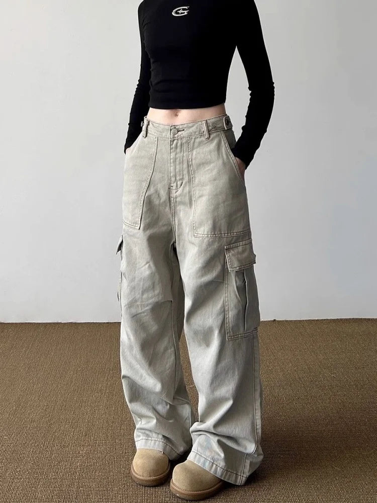 2024 Ropa Mujer Y2K Fashion Light Khaki Baggy Cargo Jeans Pants For Women Clothes Wide Leg Casual Lady Trousers Pantalon Femme