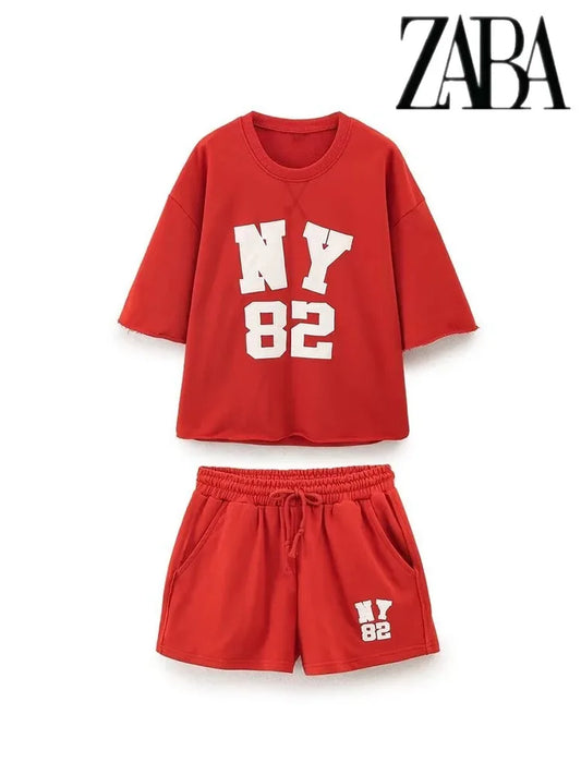 TRAFZA Women's Loose Letter Round Neck Pullover Half Sleeve Sweatshirt Lace Up Placket Shorts Casual Sporty Red Blend Knit Suit
