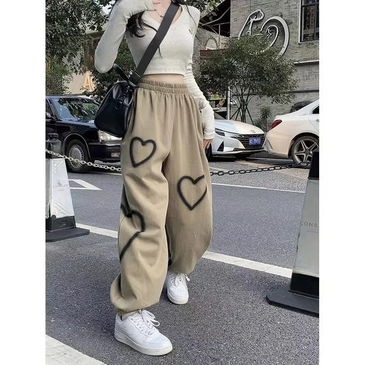 2024 White Heart Leggings Sports Pants for Women Autumn New Loose Bf Lazy Casual Pants Simple Sport Pants