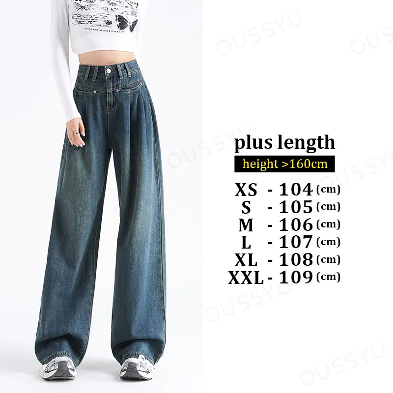 OUSSYU Woman Jeans High Waist Wide Leg Cotton Denim Clothing Loose Straight Pant Fashion Comfort Retro Blue Casual Trousers