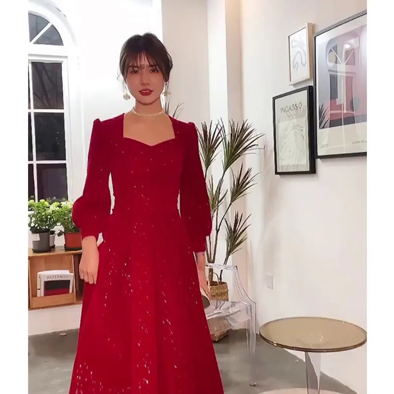 Red Elegant Fish Tail Dress 2025 Performance Host Bridesmaid Group Graduation Ceremony Ball Gown for Sisters