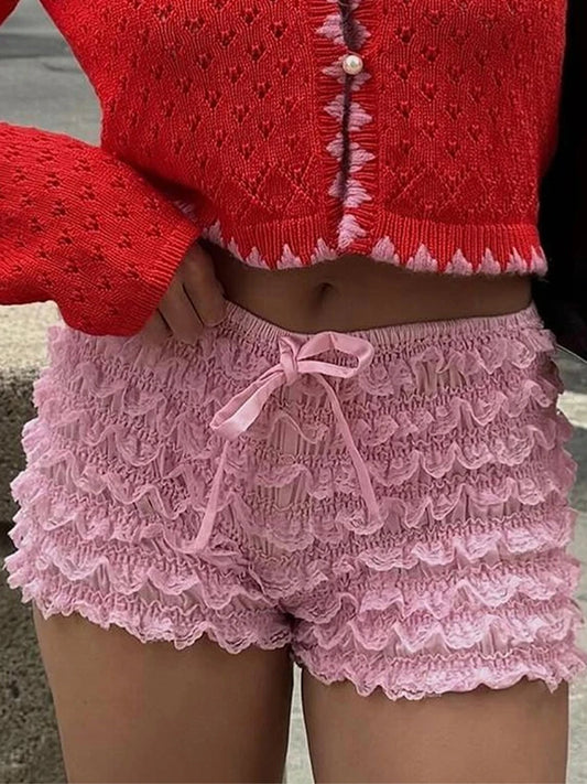 Y2K Coquette Women's Mini Shorts Layered Lace Frill Trim Elastic Waist Tie-Up Bow Bloomer Shorts for Summer Streetwear