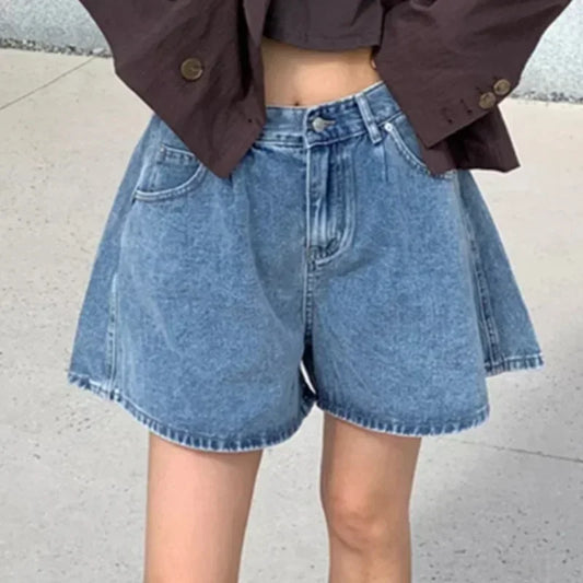 REALEFT Summer High Waist Women's A-line Denim Shorts Pocket 2025 New Single Button Casual Loose Wide Leg Jeans Shorts Female
