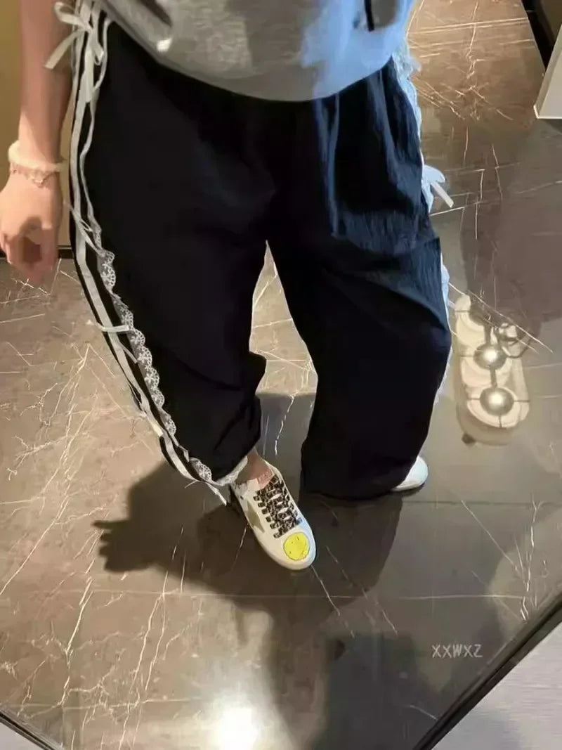 College Fashion Trousers Elastic Waist Lace White Strip Butterfly Foot Sweatpants Sports Pants Women Sweet Girls Loose Casual