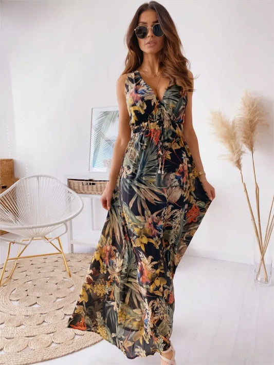 Women's Summer New Fashionable Printed Sexy V-neck Sleeveless Bareback Strap With Waist Drawstring Casual Loose Long Dress