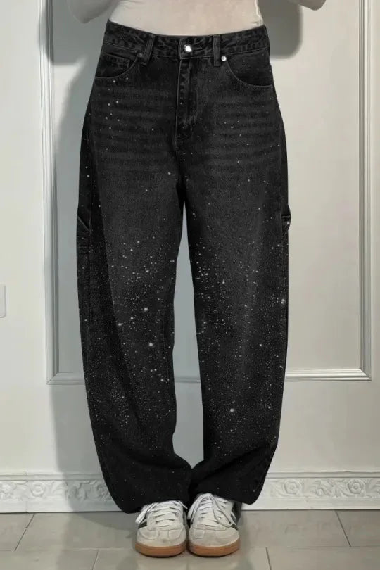 Mom Jeans Women Denim Pant Wide Leg Long Pants Hot Drilling High Waist Straight Trousers Y2k Streetwear Casual Punk Loose