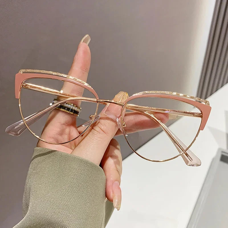 Fashionable New Cat-eye Plain Glasses Frame Women's Metal Hollowed Out Optical Spectacle Eyeglass Anti-blue Light Glasses