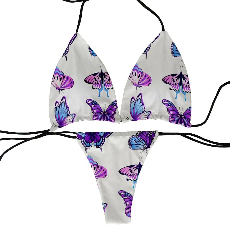 Funny colorful butterfly pattern bikini set swimsuit beach surfing vacation ladies deep V butterfly print bikini fashion gift
