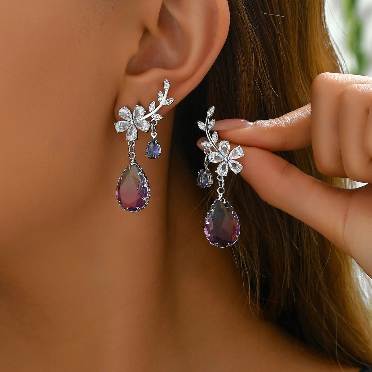 Elegant Flower Water Drop Purple Crystal Zircon Dangle Stud Earrings For Women Fashion Temperament Earrings Luxury Jewelry