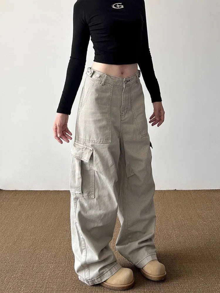 2024 Ropa Mujer Y2K Fashion Light Khaki Baggy Cargo Jeans Pants For Women Clothes Wide Leg Casual Lady Trousers Pantalon Femme