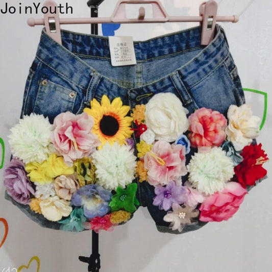 Denim Shorts Women Clothing Streetwear Fashion Jean Shorts 2025 New Bottoms Beading 3D Floral Casual Pantalones Cortos De Mujer