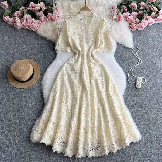 Summer Autumn Holiday Hollow Out Flower Embroidery Lace Evening Prom Dress Women Short Sleeve Midi Long Party Vestidos