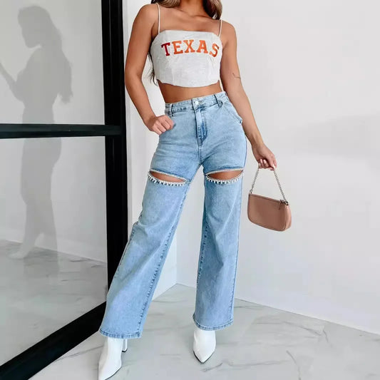 Fashionable Casual Women's Jeans Hole Design Straight Leg Spring Summer 2024 Cross-Border Independent Station Wish
