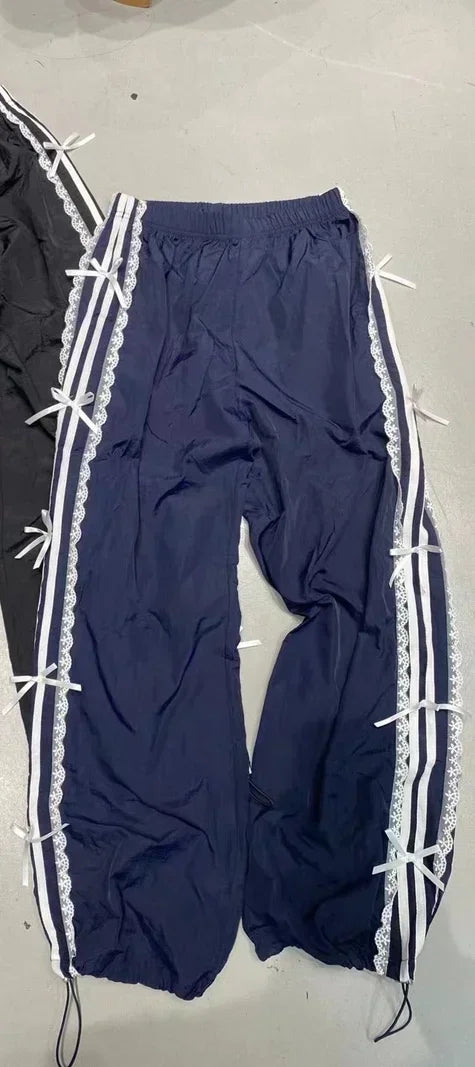College Fashion Trousers Elastic Waist Lace White Strip Butterfly Foot Sweatpants Sports Pants Women Sweet Girls Loose Casual