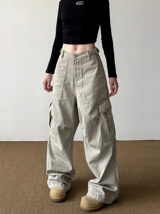 2024 Ropa Mujer Y2K Fashion Light Khaki Baggy Cargo Jeans Pants For Women Clothes Wide Leg Casual Lady Trousers Pantalon Femme